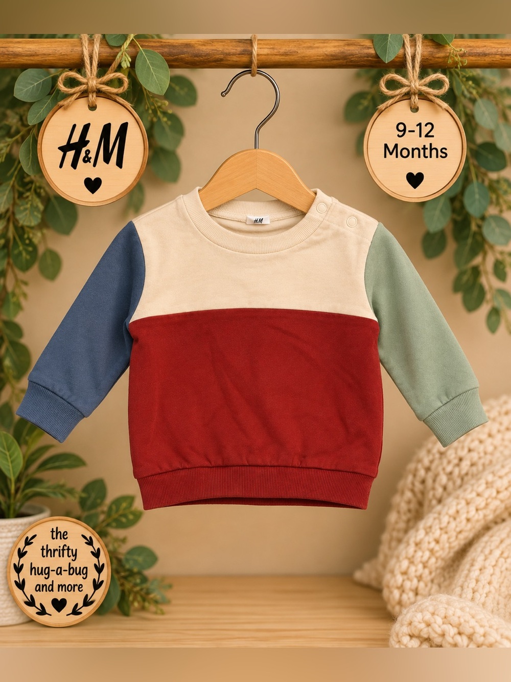 H&M Baby 9–12M Colorblock Sweatshirt | Cream Red Blue & Sage